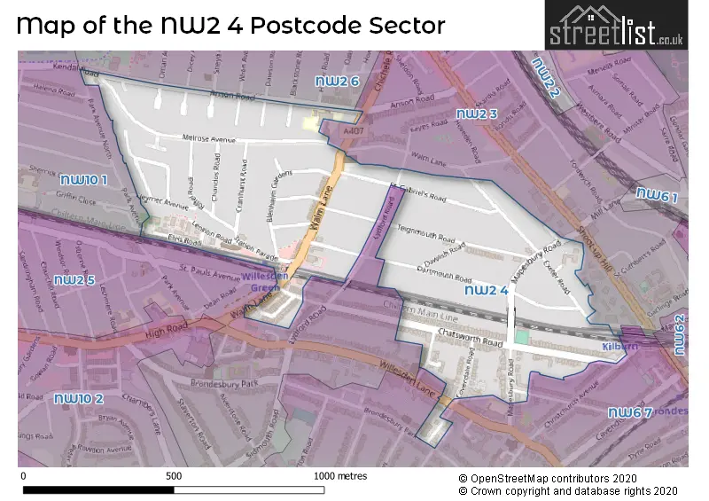 Map of the NW2 4 and surrounding postcode sector