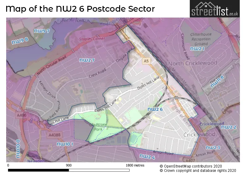 Map of the NW2 6 and surrounding postcode sector