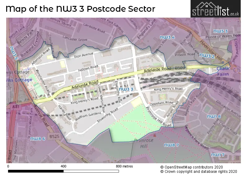 Map of the NW3 3 and surrounding postcode sector