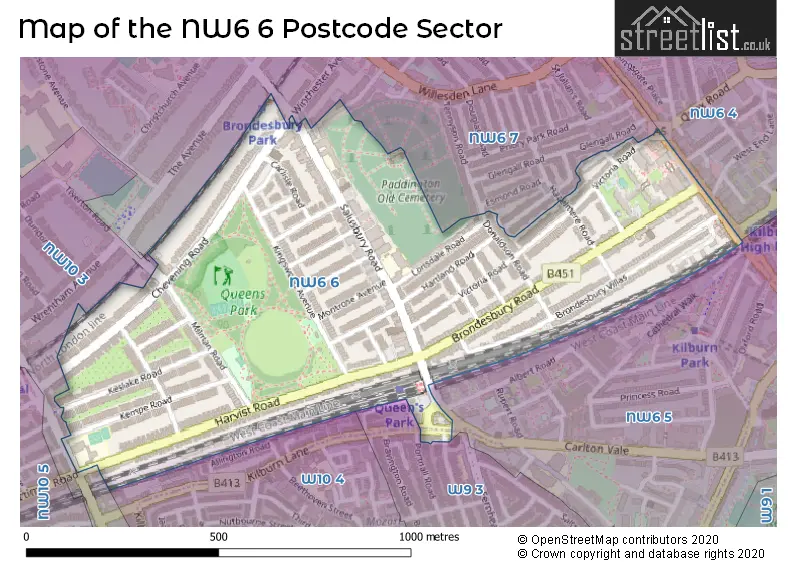 Map of the NW6 6 and surrounding postcode sector