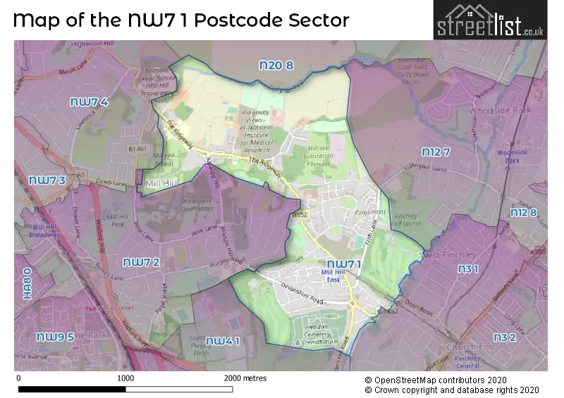 Map of the NW7 1 and surrounding postcode sector