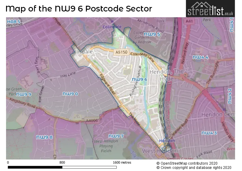 Map of the NW9 6 and surrounding postcode sector