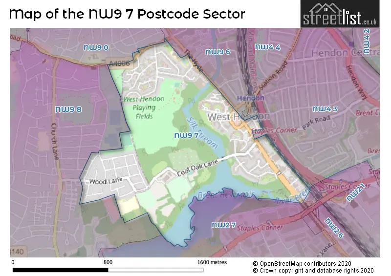 Map of the NW9 7 and surrounding postcode sector