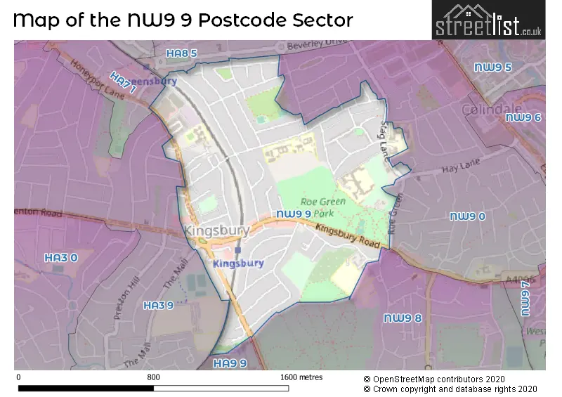 Map of the NW9 9 and surrounding postcode sector