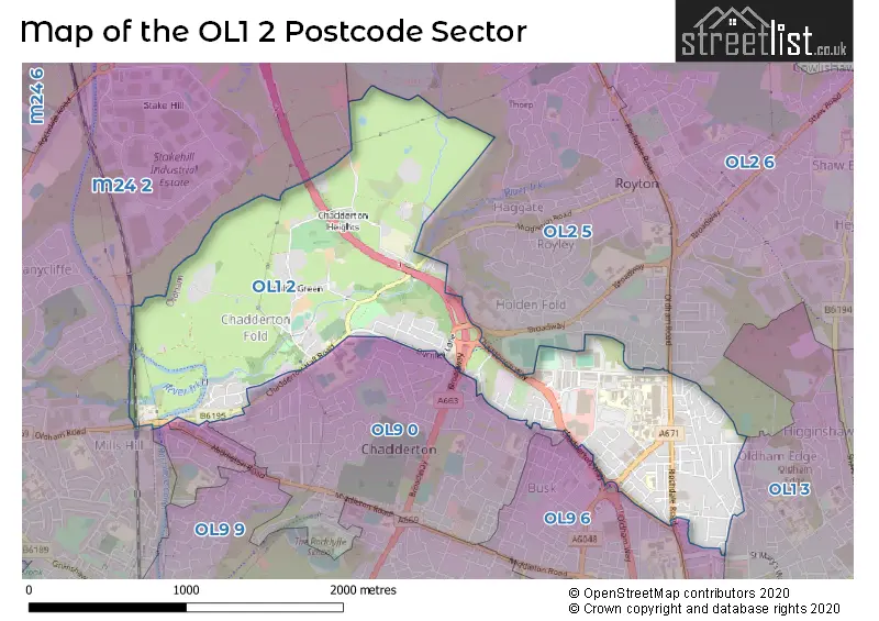 Map of the OL1 2 and surrounding postcode sector