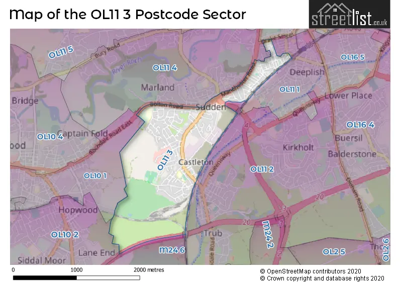 Map of the OL11 3 and surrounding postcode sector