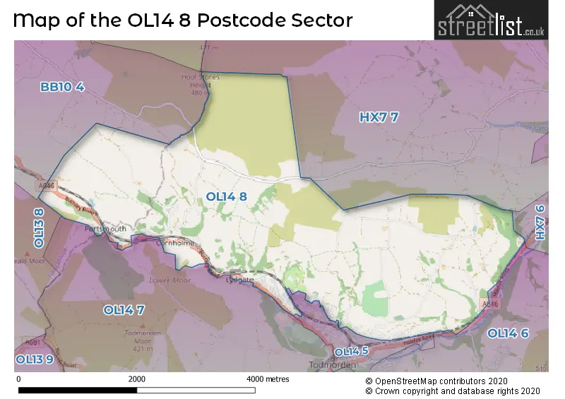 Map of the OL14 8 and surrounding postcode sector