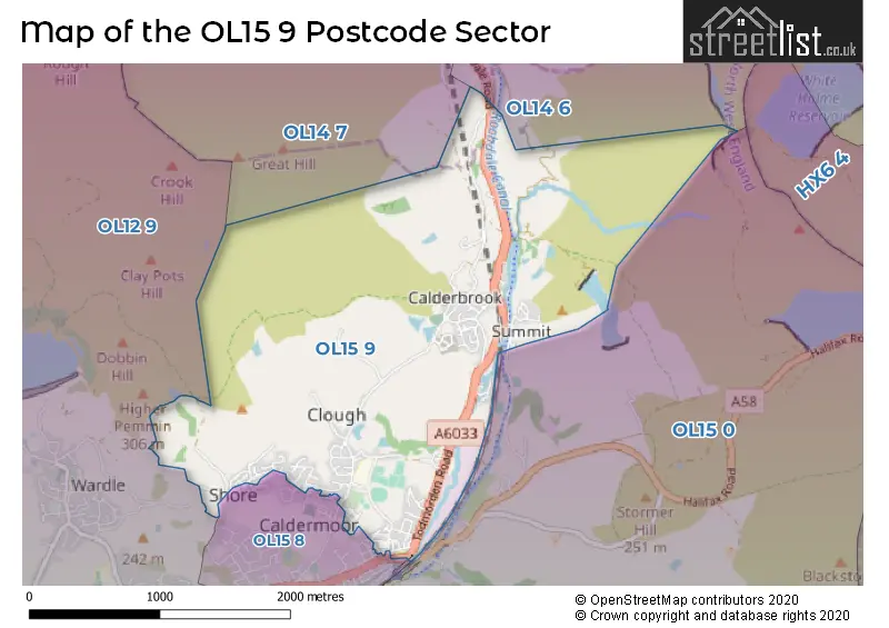 Map of the OL15 9 and surrounding postcode sector
