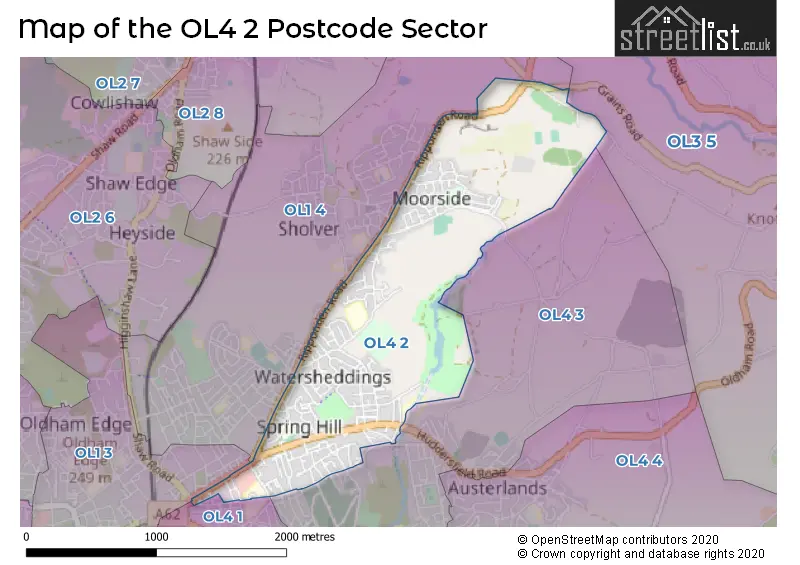 Map of the OL4 2 and surrounding postcode sector