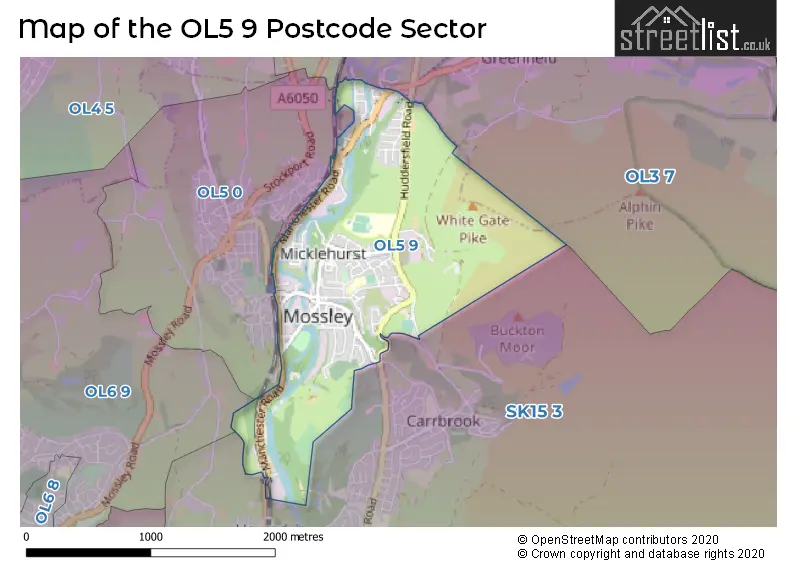 Map of the OL5 9 and surrounding postcode sector