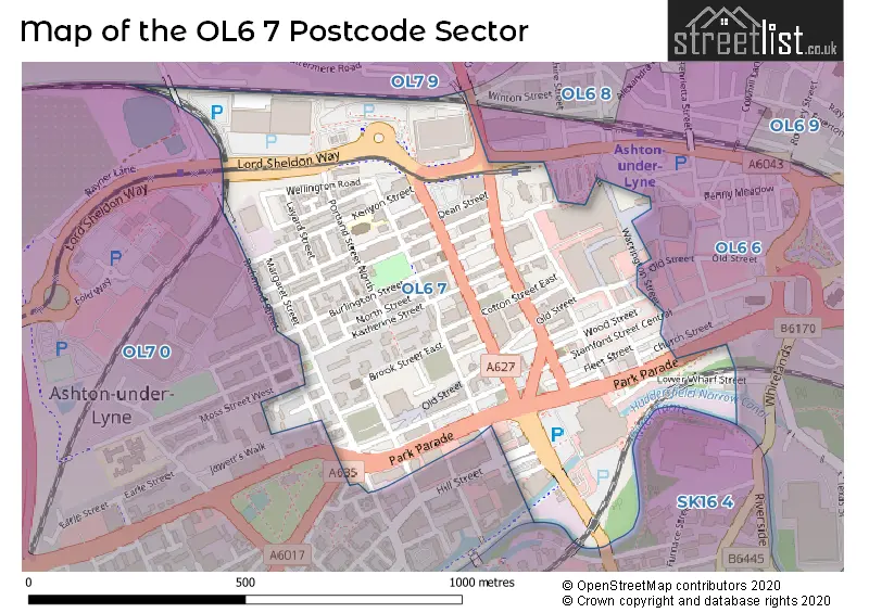 Map of the OL6 7 and surrounding postcode sector