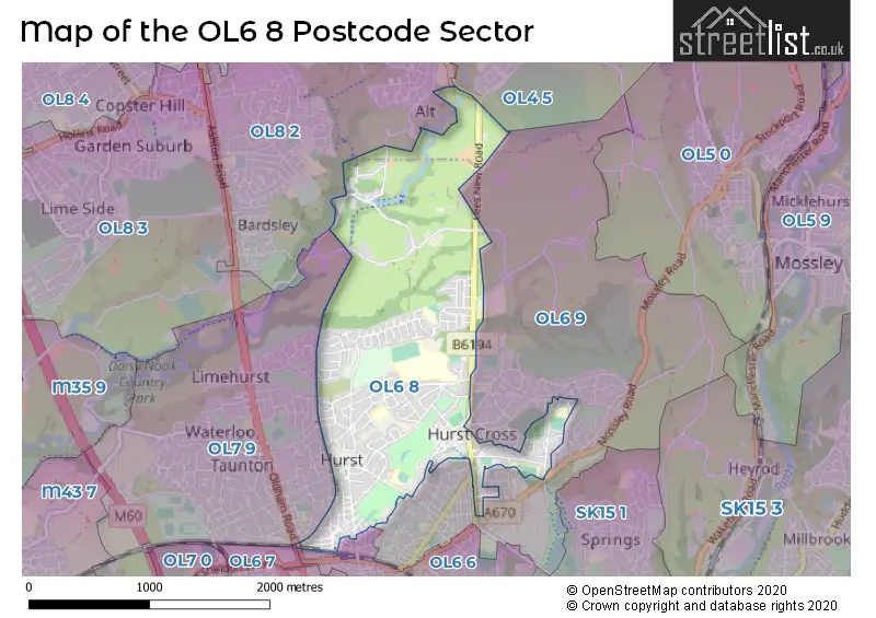 Map of the OL6 8 and surrounding postcode sector