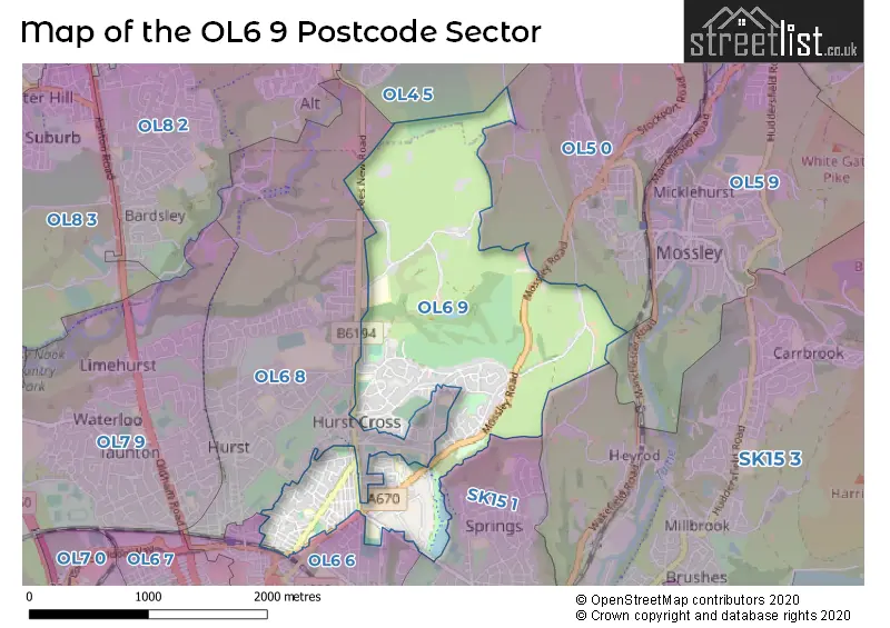 Map of the OL6 9 and surrounding postcode sector