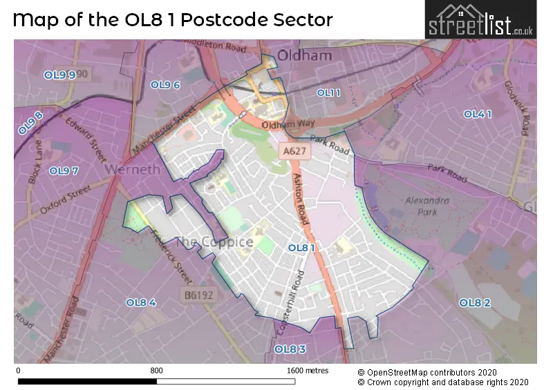 Map of the OL8 1 and surrounding postcode sector