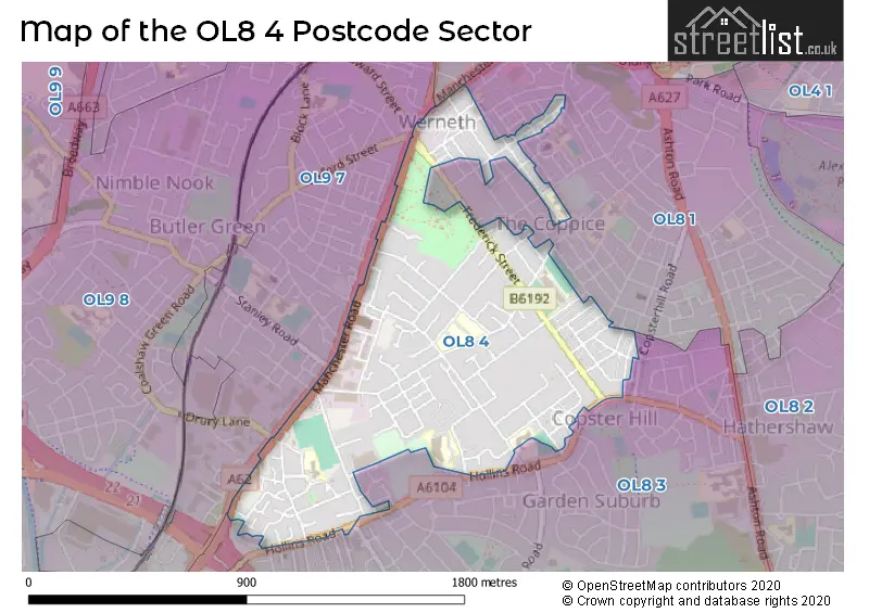 Map of the OL8 4 and surrounding postcode sector