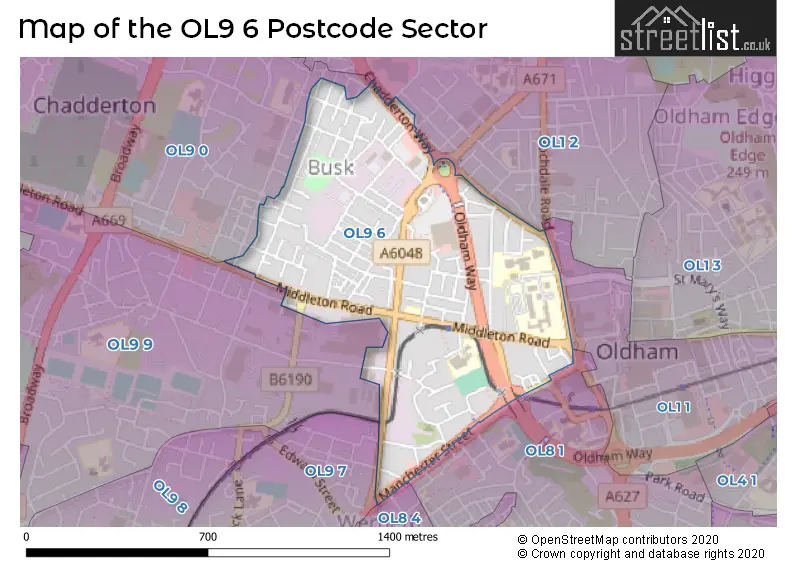 Map of the OL9 6 and surrounding postcode sector