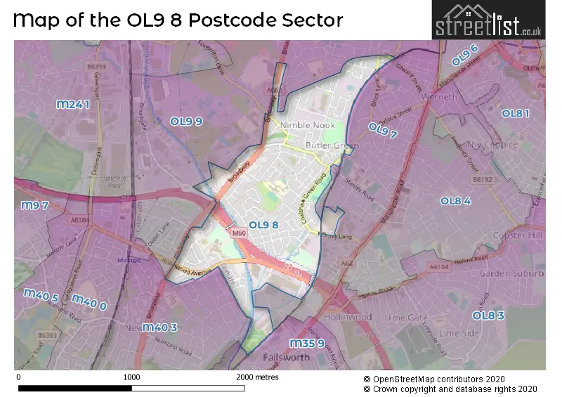 Map of the OL9 8 and surrounding postcode sector