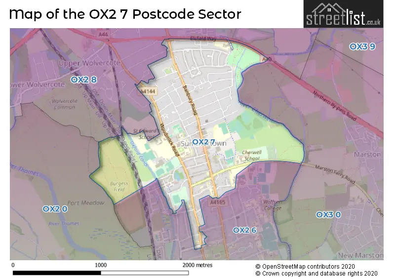 Map of the OX2 7 and surrounding postcode sector