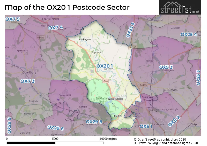 Map of the OX20 1 and surrounding postcode sector