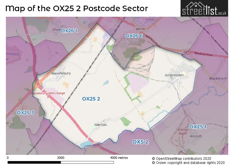 Map of the OX25 2 and surrounding postcode sector