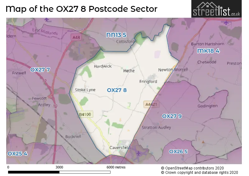 Map of the OX27 8 and surrounding postcode sector