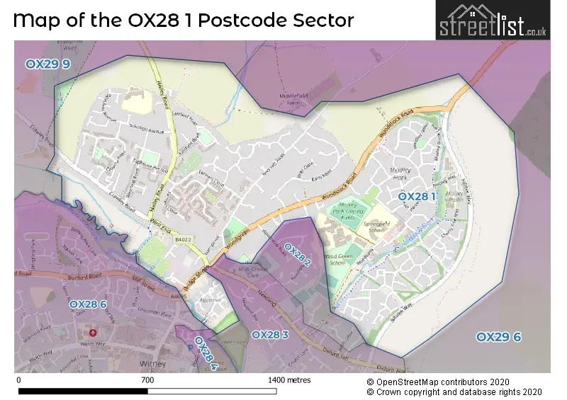 Map of the OX28 1 and surrounding postcode sector