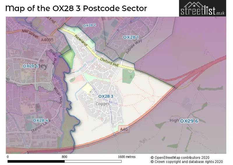 Map of the OX28 3 and surrounding postcode sector