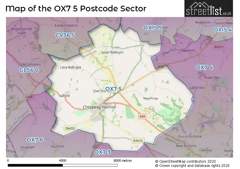 Map of the OX7 5 and surrounding postcode sector