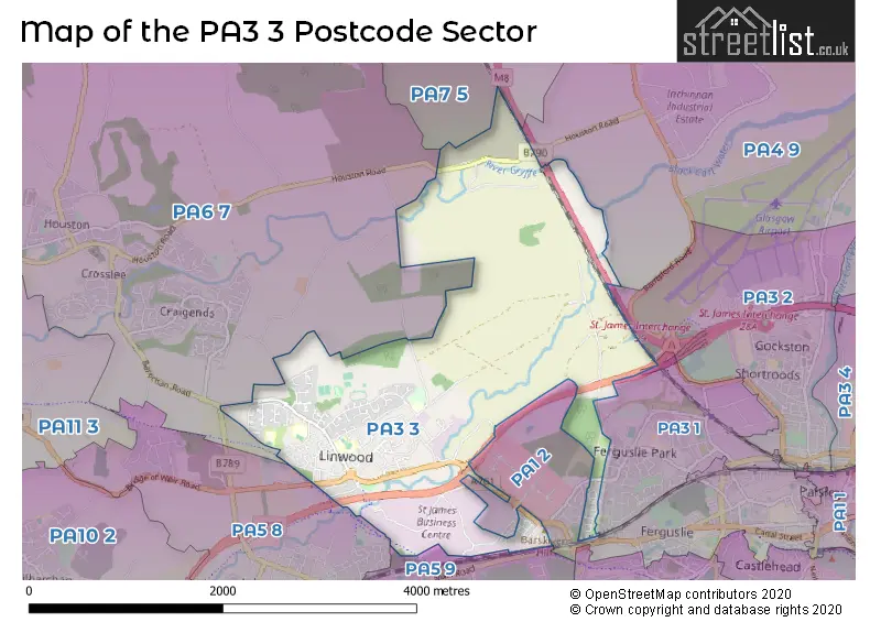 Map of the PA3 3 and surrounding postcode sector