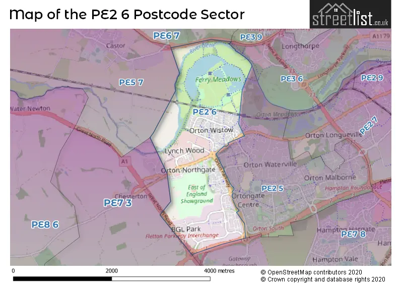 Map of the PE2 6 and surrounding postcode sector