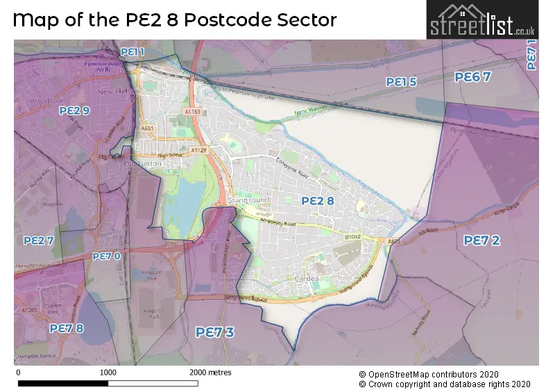 Map of the PE2 8 and surrounding postcode sector