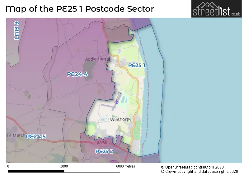 Map of the PE25 1 and surrounding postcode sector