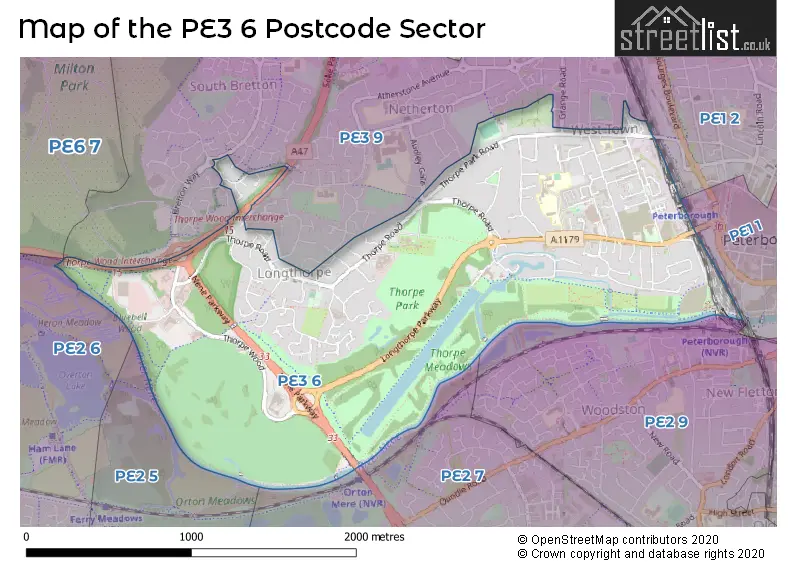 Map of the PE3 6 and surrounding postcode sector