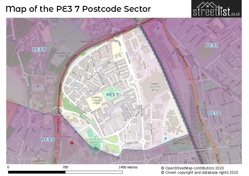Map of the PE3 7 and surrounding postcode sector