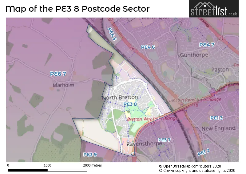 Map of the PE3 8 and surrounding postcode sector