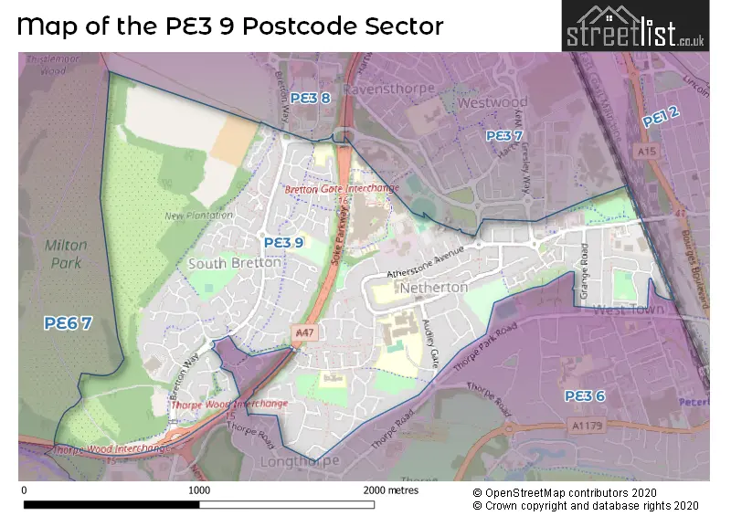 Map of the PE3 9 and surrounding postcode sector