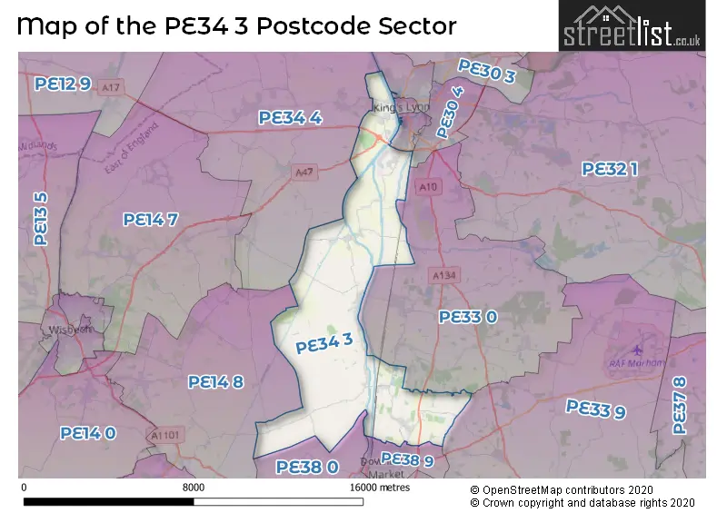 Map of the PE34 3 and surrounding postcode sector