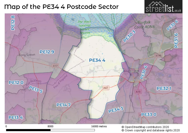 Map of the PE34 4 and surrounding postcode sector