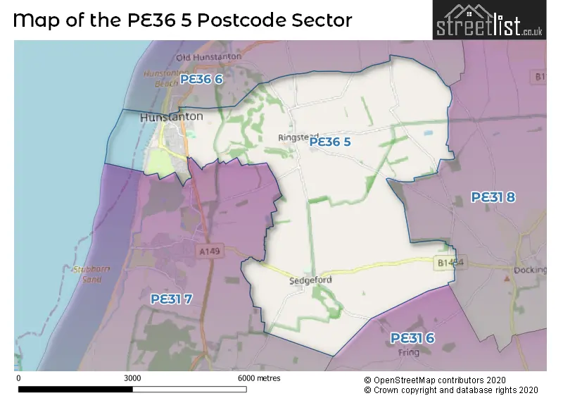 Map of the PE36 5 and surrounding postcode sector