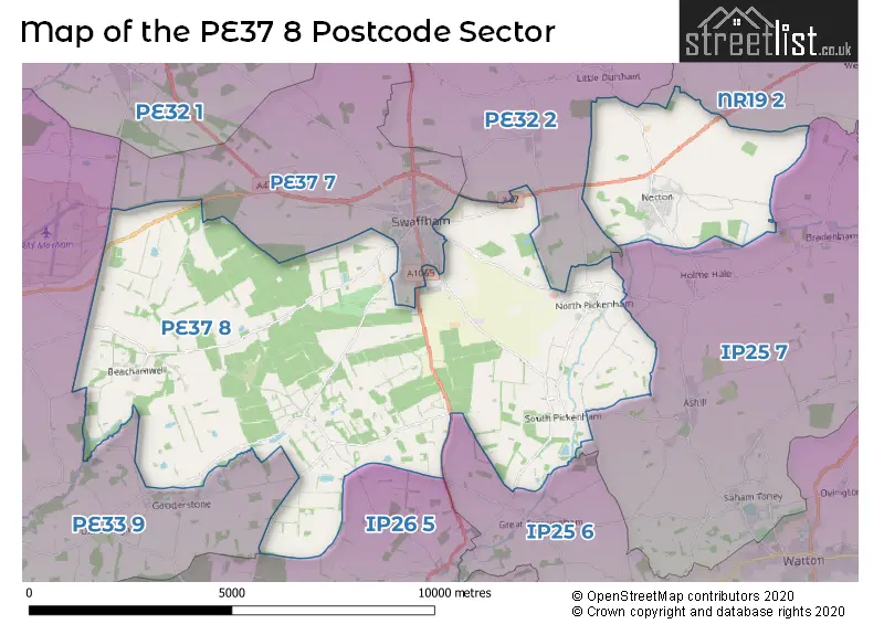 Map of the PE37 8 and surrounding postcode sector