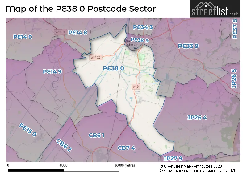 Map of the PE38 0 and surrounding postcode sector