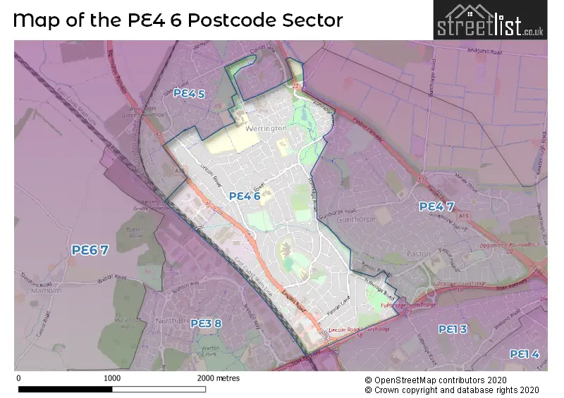 Map of the PE4 6 and surrounding postcode sector
