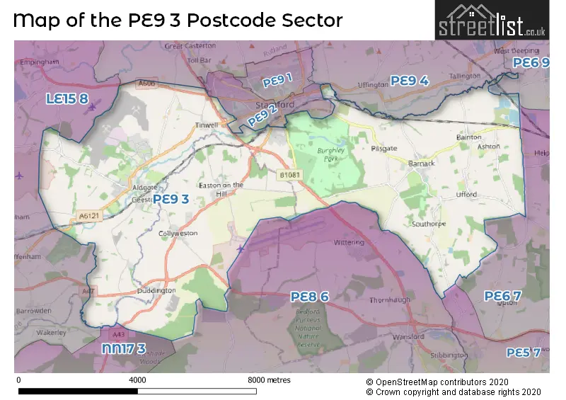 Map of the PE9 3 and surrounding postcode sector