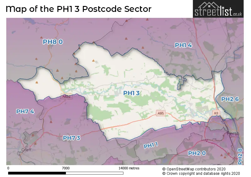 Map of the PH1 3 and surrounding postcode sector