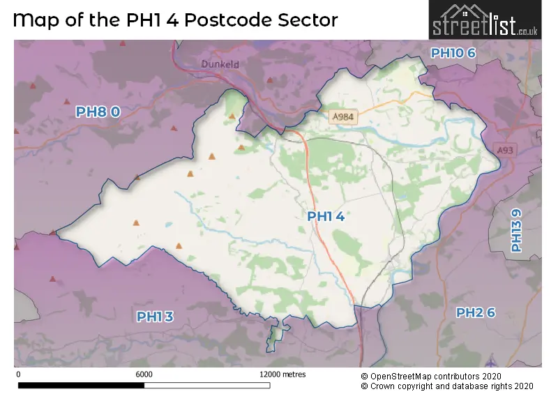 Map of the PH1 4 and surrounding postcode sector