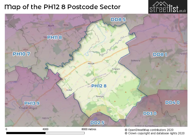 Map of the PH12 8 and surrounding postcode sector