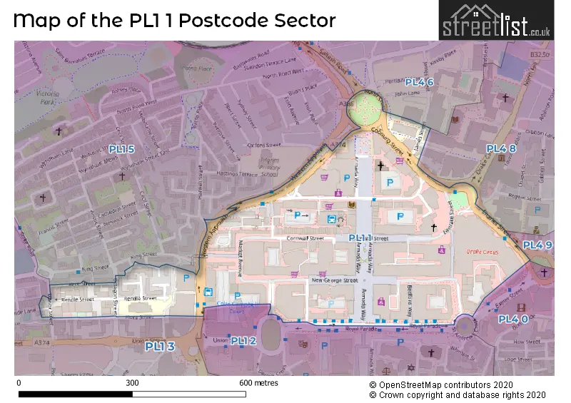 Map of the PL1 1 and surrounding postcode sector