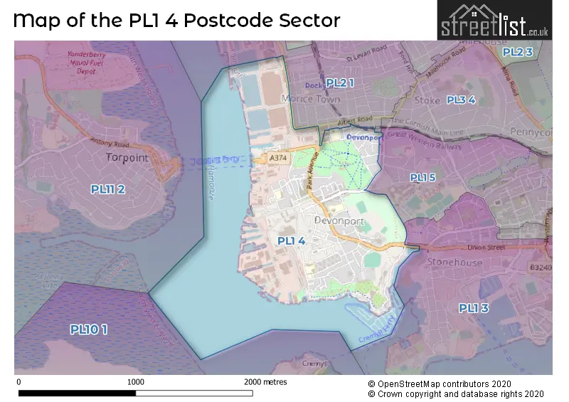 Map of the PL1 4 and surrounding postcode sector