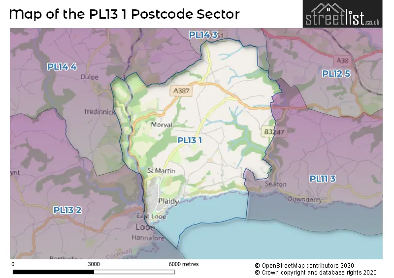 Map of the PL13 1 and surrounding postcode sector