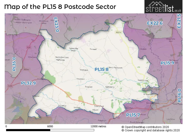 Map of the PL15 8 and surrounding postcode sector